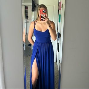 Cowl neck royal blue long open back dress. NEVER WORN BEFORE, New with tags